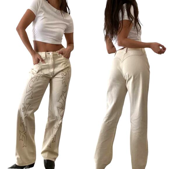 Et Clet Lightweight Denim Embroidered Jeans Wide Leg Western Cream Brown Medium - Picture 1 of 9